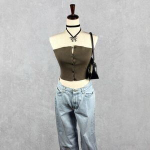 NWT Commense Muted Brown Sleeveless Ribbed Knit Button-up Crop Top